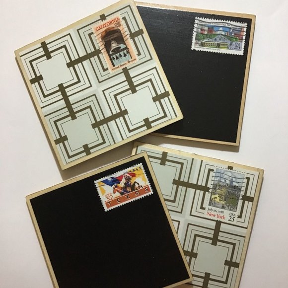 DC & State Coasters, 4 pack, Postage Stamp Wood Coaster Set with Cork Backing, D - Picture 1 of 9